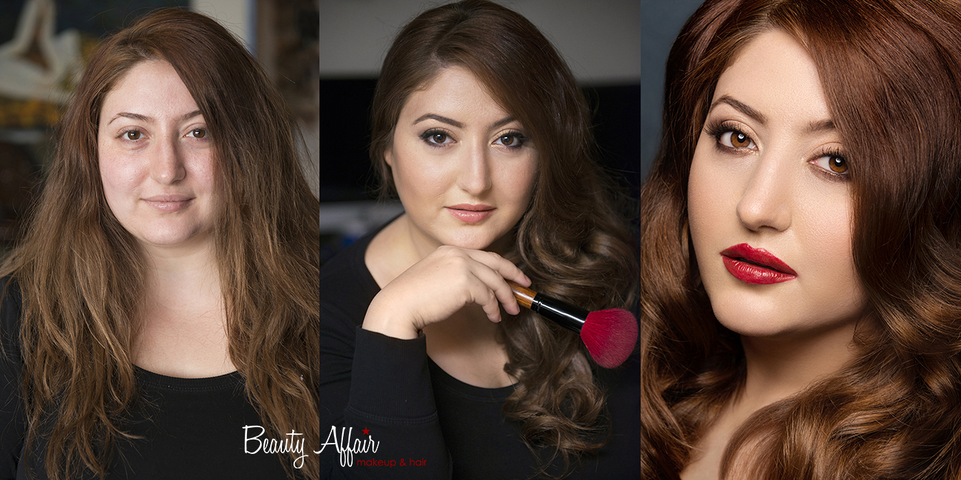 Makeup trial natural before and after by Beauty Affair Agne Armenian beauty brown eyes cooper hair
