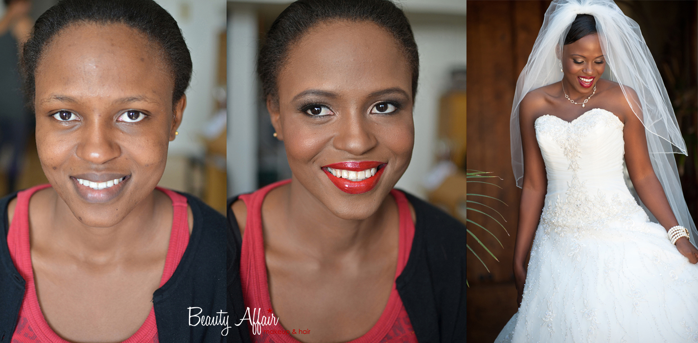African american bridal makeup before and after by Beauty Affair  Agne glamorous bride red lips chocolate