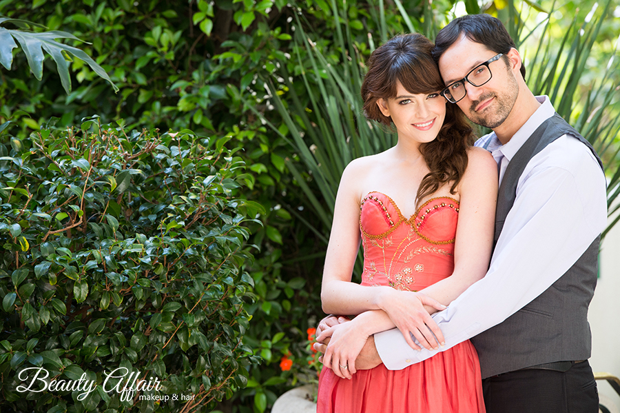 Bridal romantic makeup and hairstyle los angeles by Beauty Affair Agne Skaringa engagement couple vintage gown