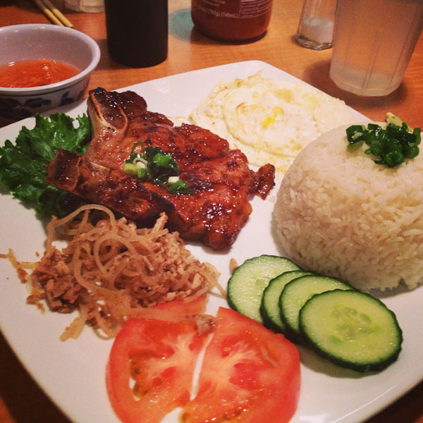 Cơm Bì Sườn Nướng much easily ordered as C1 or Chargrilled pork chops & Julienne pork on jasmine rice