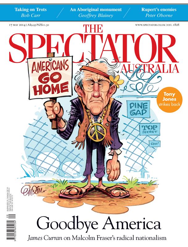 Illustration for The Spectator Australia: review of the new Malcolm Fraser book on why Australia should end the US alliance. © Copyright Anton Emdin 2014.  All Rights Reserved.  Please do not reproduce without express written permission.