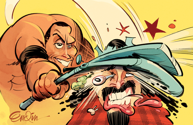 The Rock smashes Mick Foley! Wrestlemania art for MAD #527
