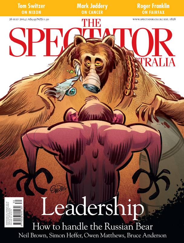 Cover art for The Spectator Australia: Tony Abbott Vs Russia / Putin after the shooting down of passenger aircraft MH370 -- Illustration © Anton Emdin 2014.  All rights reserved.