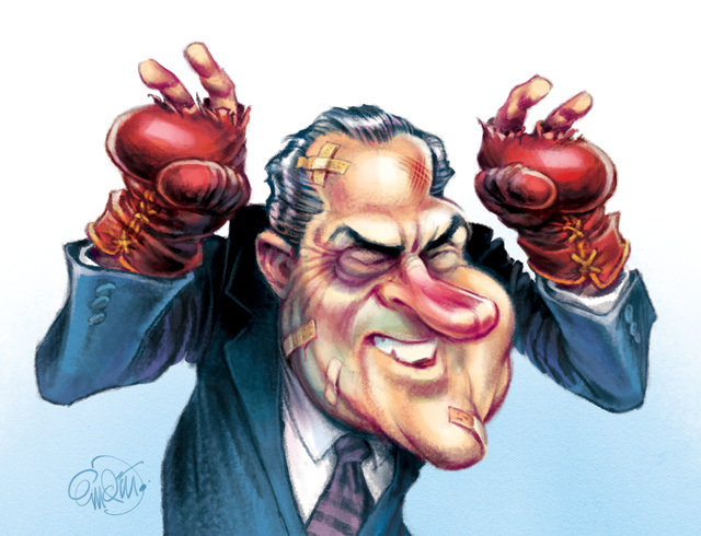 Cover art for The Spectator Australia: Richard Nixon "rising from defeat", book review by Tom Switzer -- Illustration © Anton Emdin 2014.  All rights reserved.