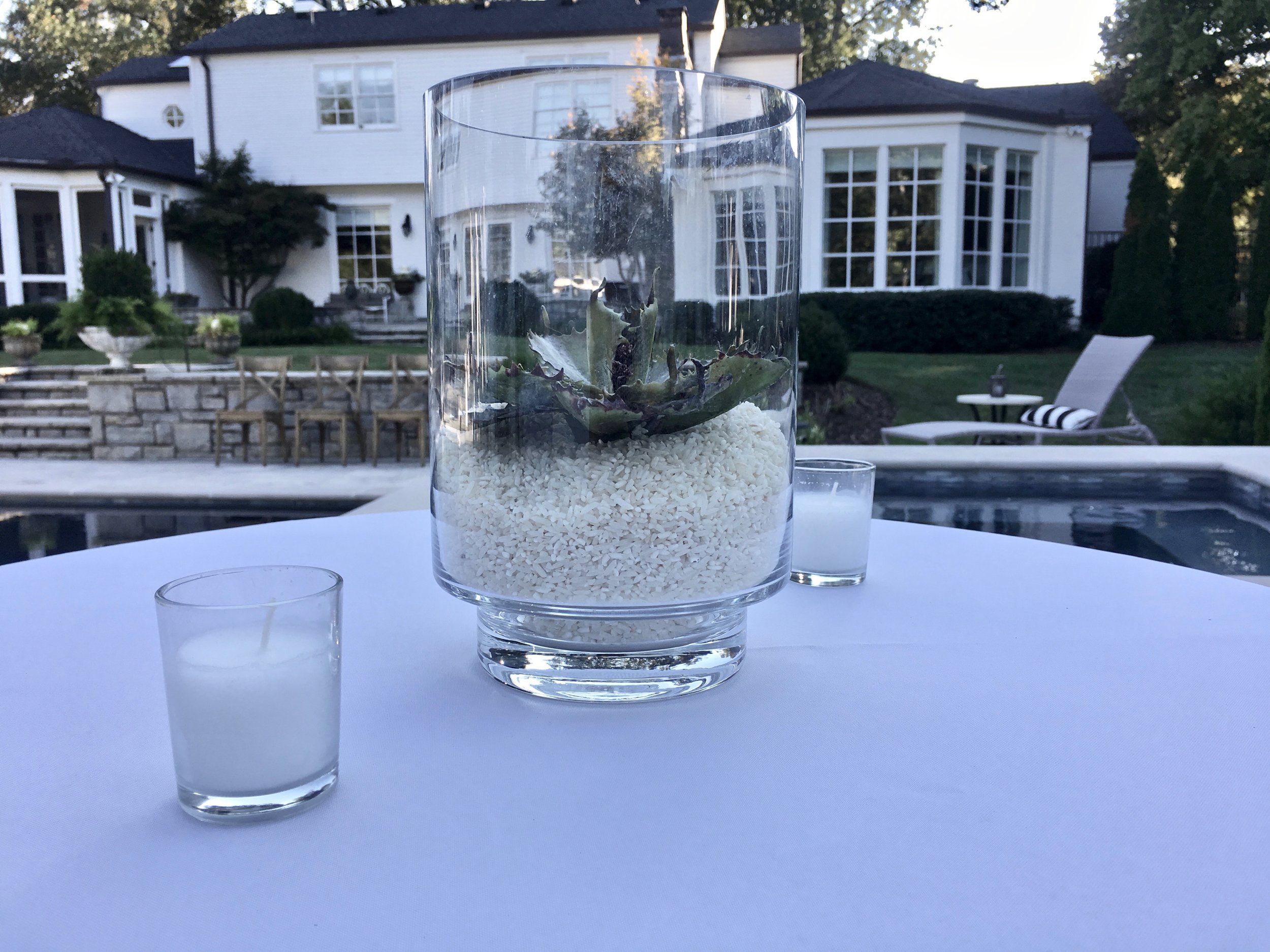  Succulent centerpiece in glass vase with rice 