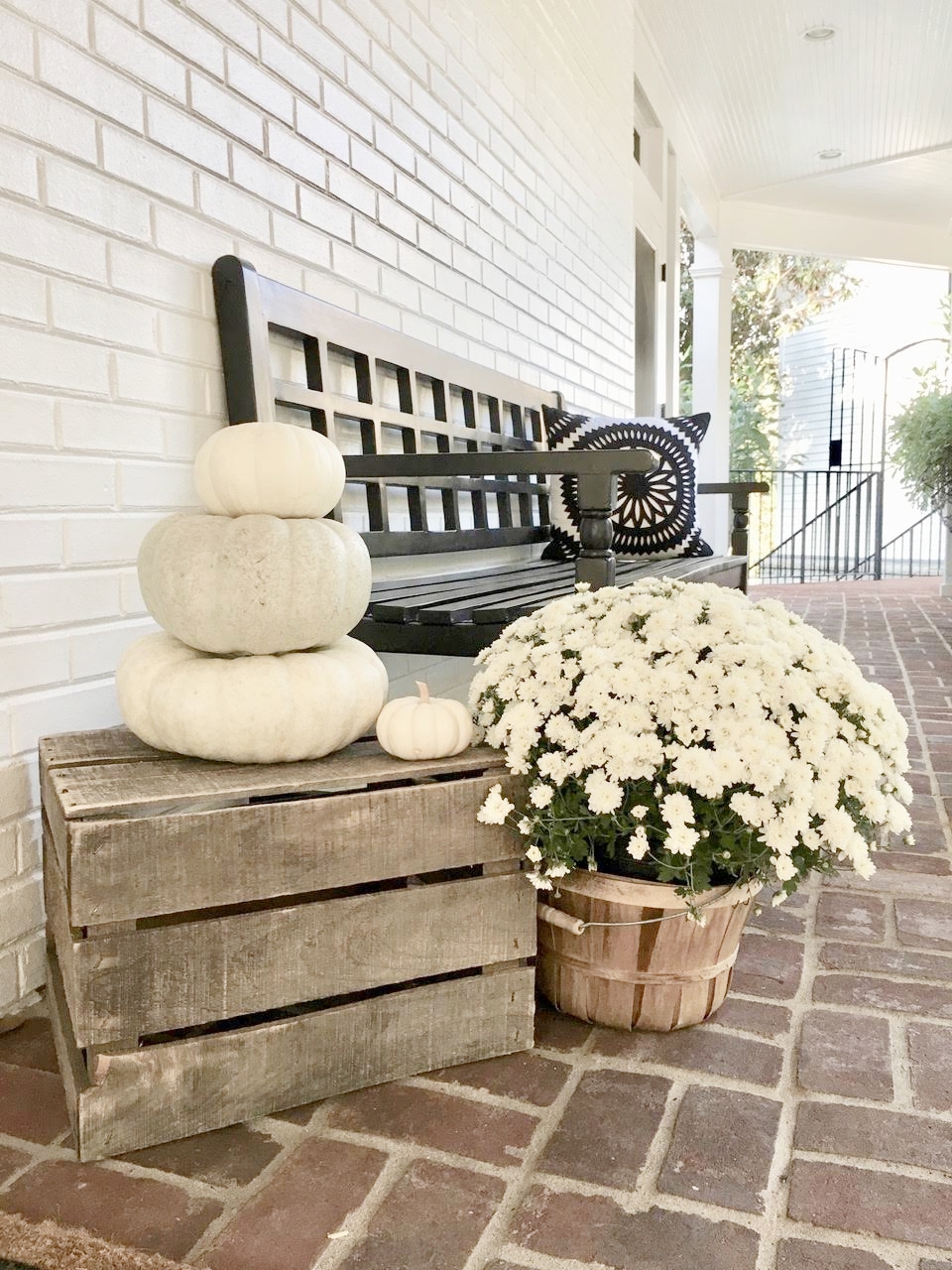  Fall Porch Decorations on Breezeway White pumpkin stack on wooden crates 