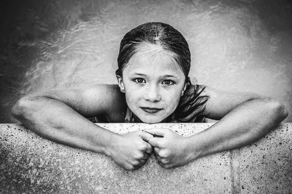 Girl in Pool in Black and White