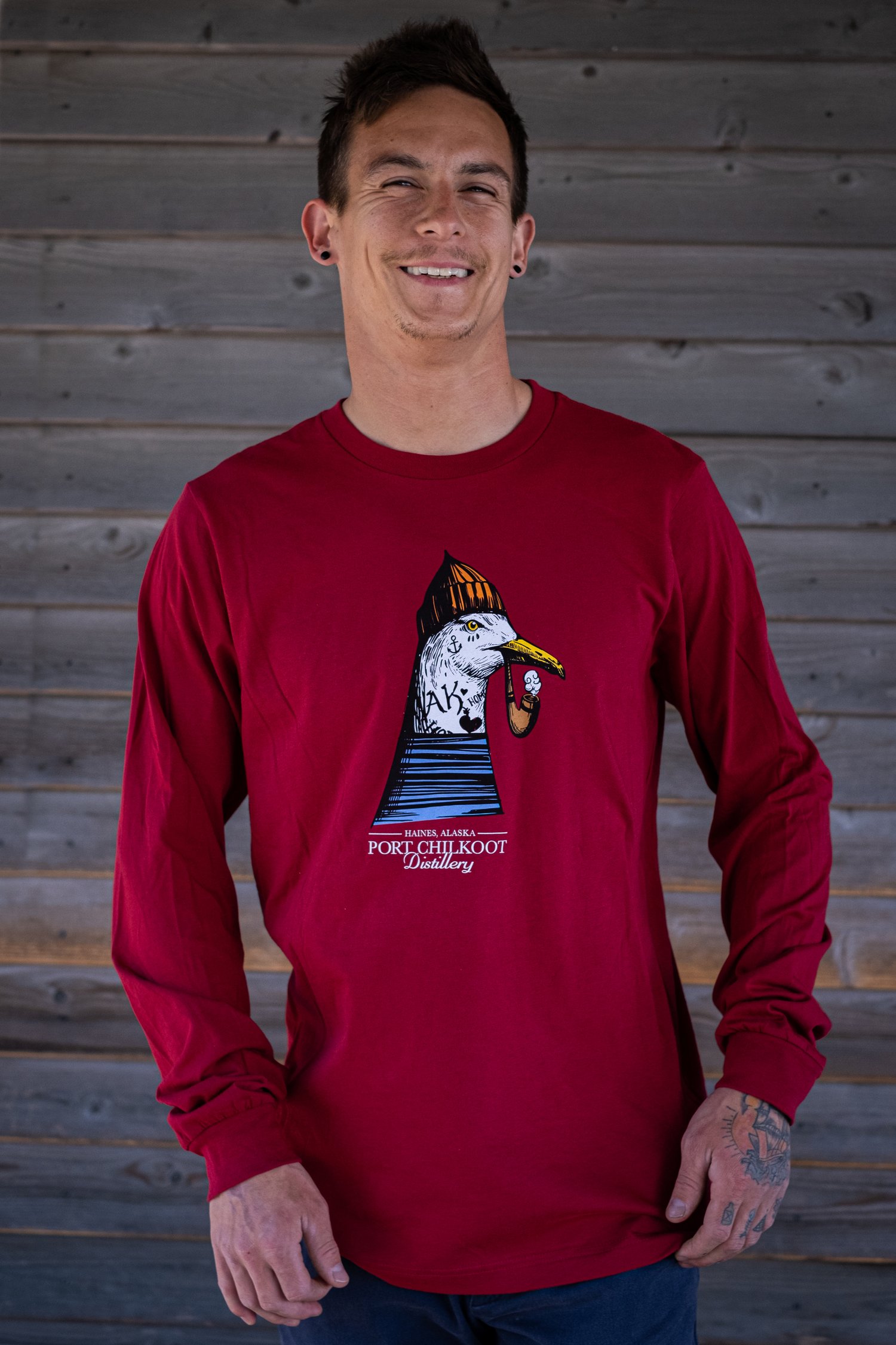Cardinal Red Long sleeve Seagull Shirt Port Chilkoot Distillery —