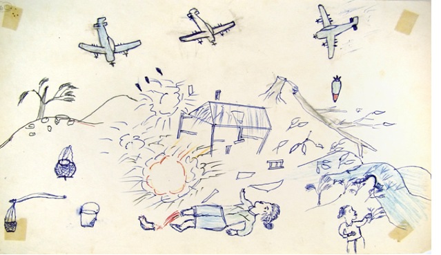An illustration by a refugee of American bombing during the Secret War, from Fred's book