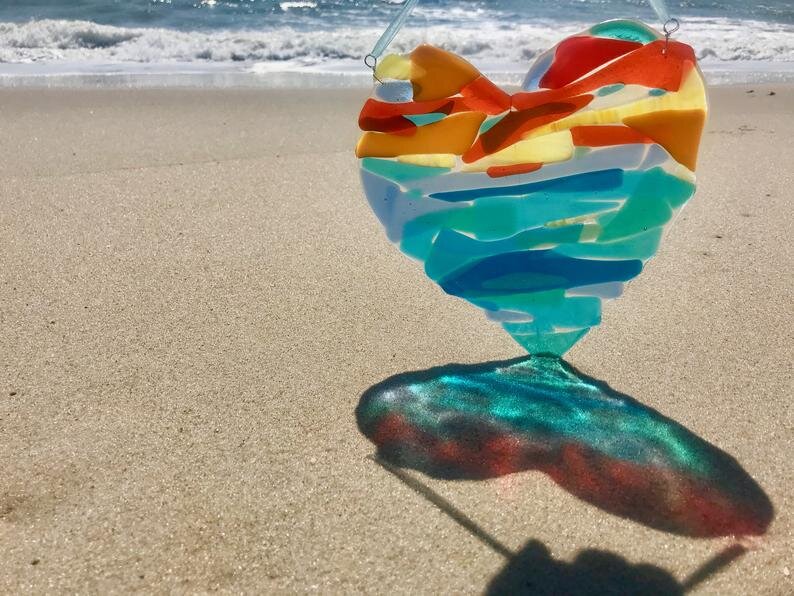 Sea Green LOVE Fused Glass Suncatcher
