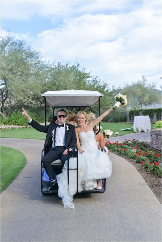 bride and groom golf cart