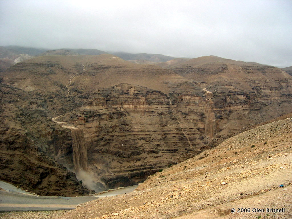Water pours from the Central Mountain Range into Wadi Qelt on April 2, 2006.  