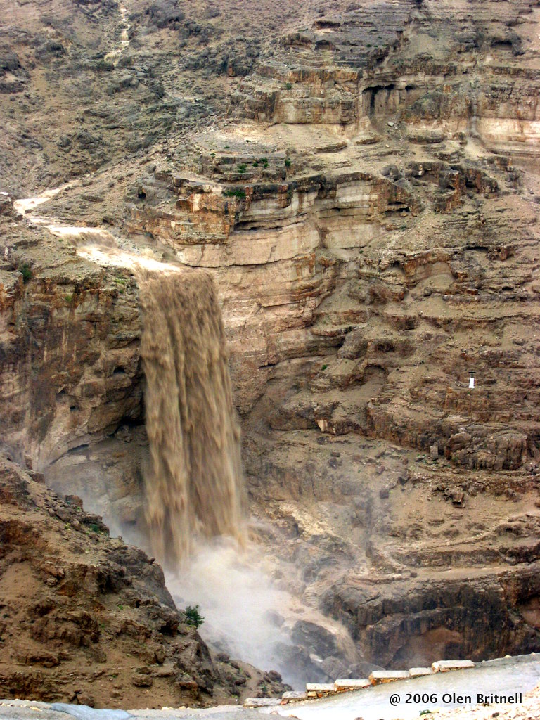 Water pouring over the ridge into Wadi Qelt from rains on April 2, 2006.