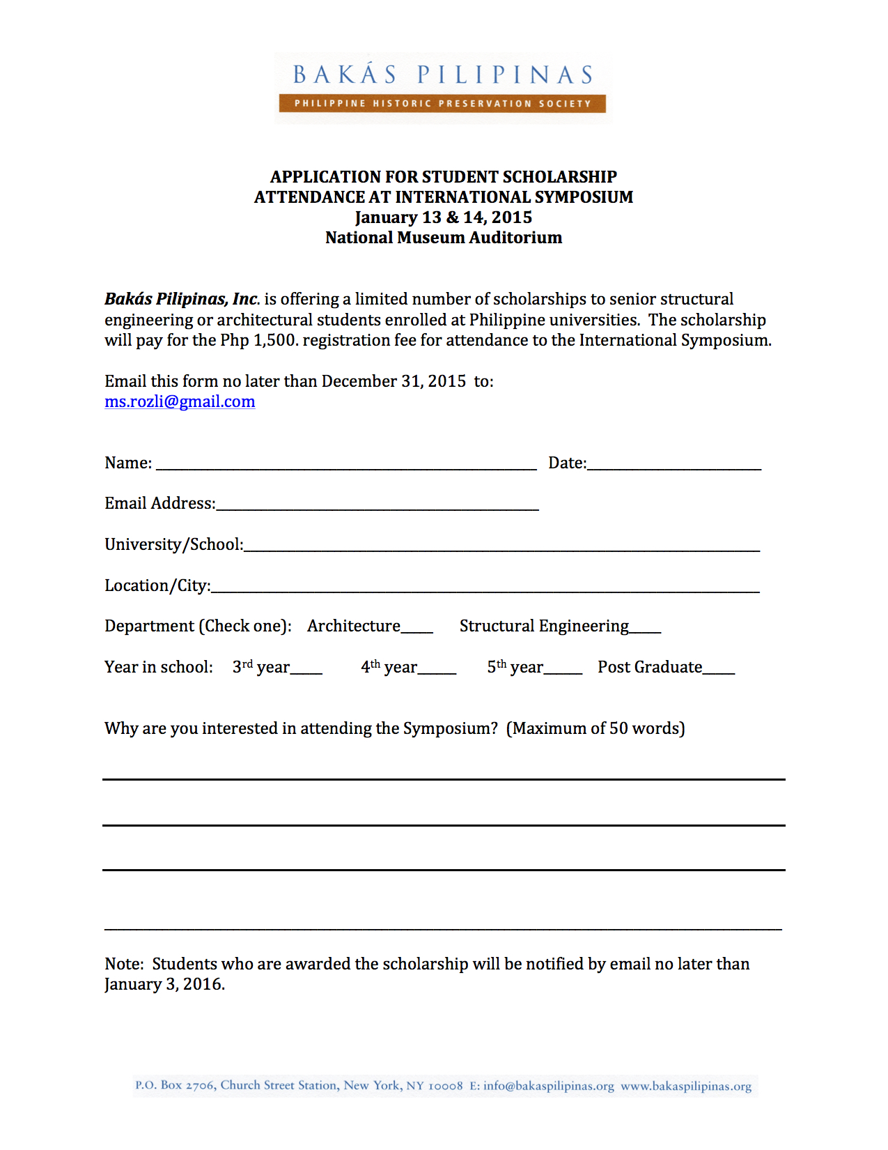 Application for Student Scholarship