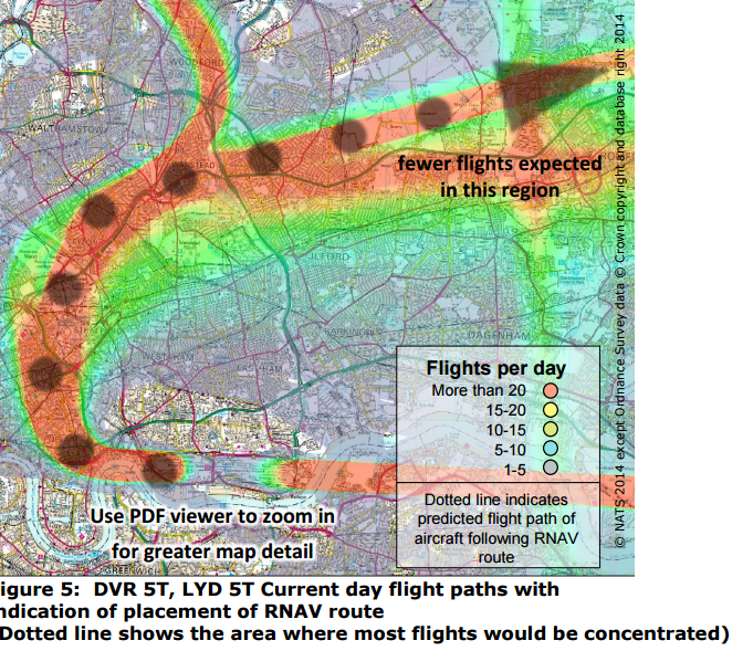 This map shows the current concentrated flight paths across north-east London