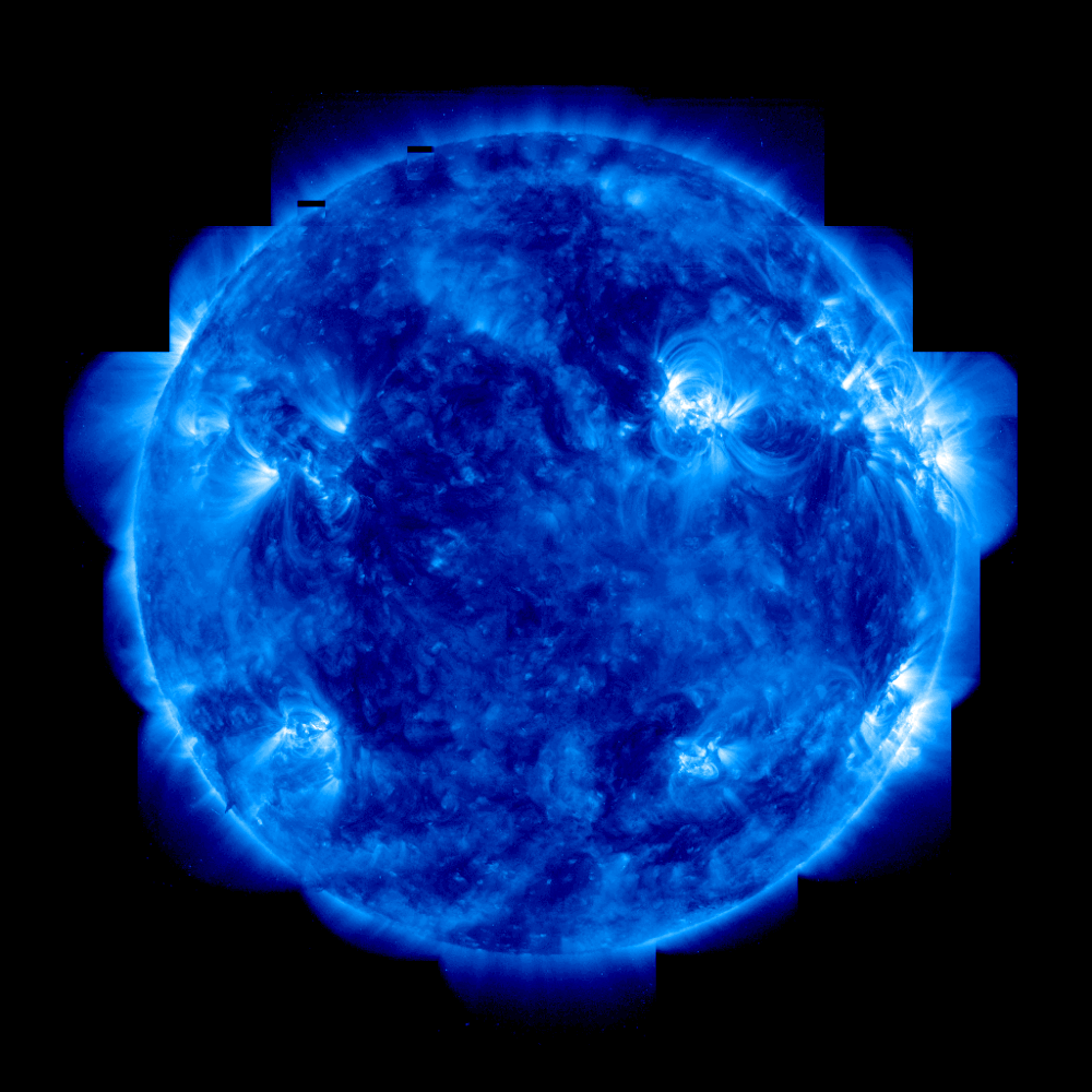 This colorized picture of the sun is a mosaic of ultraviolet images from the orbiting TRACE satellite sensitive to light emitted by highly charged iron atoms. Growing in number, the intricate structures visible are the Sun's hot active regions with temperatures over a million degrees Fahrenheit and their associated magnetic loops (courtesy NASA) 