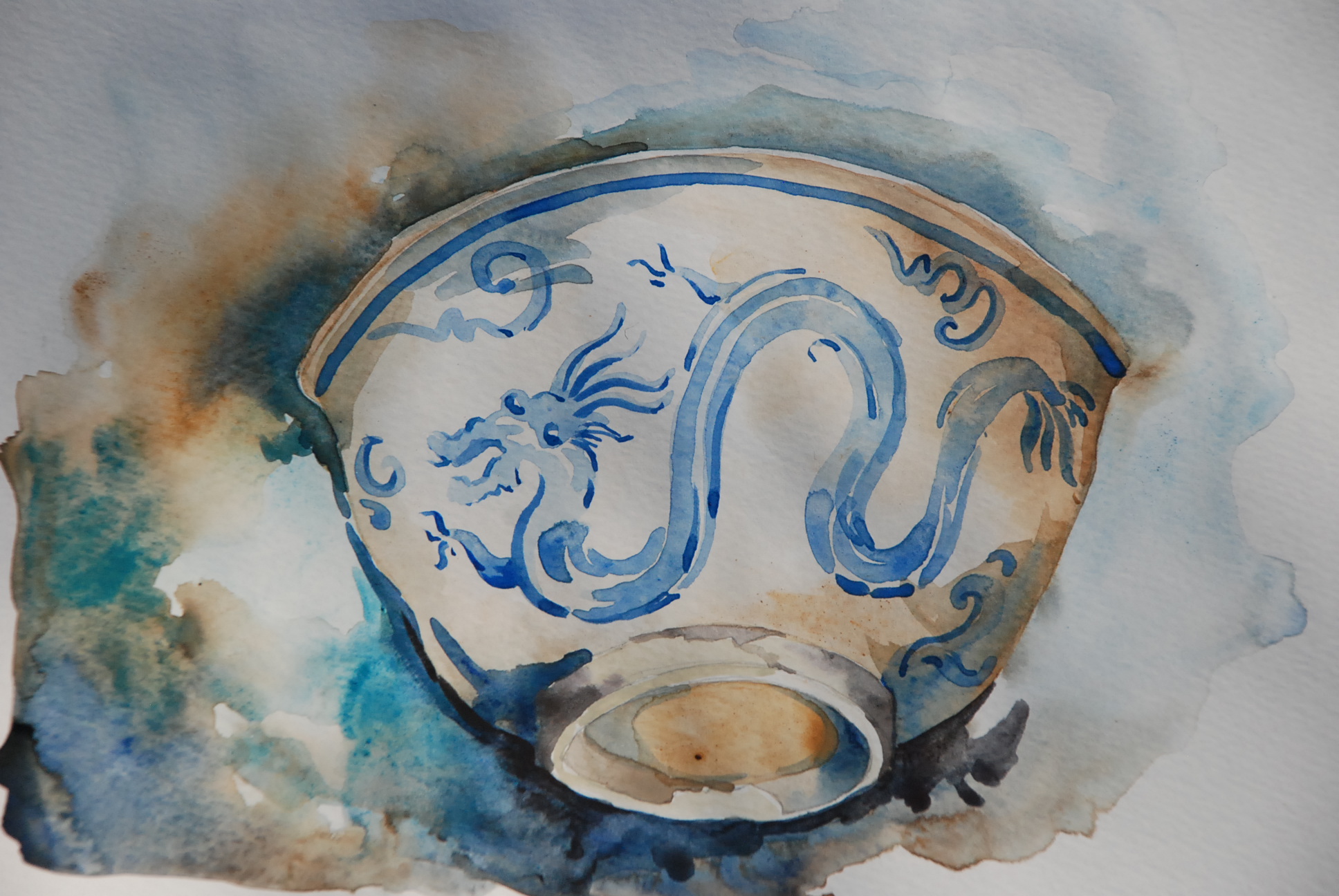Dragon Bowl, watercolor, 9 x 6"