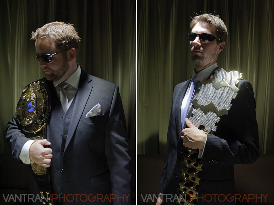 groom and bestman WWE championship belts inside Westin Hotel wedding
