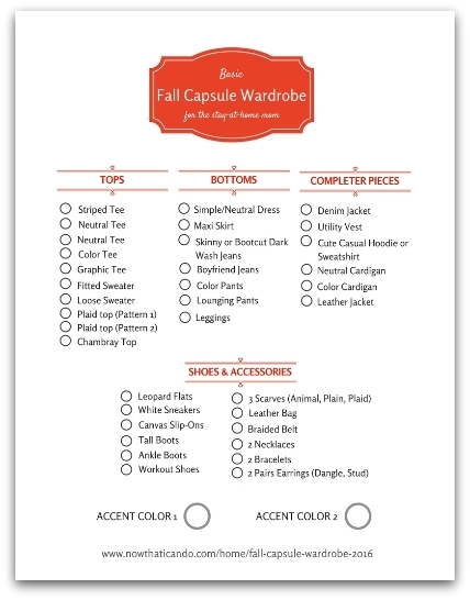 Checklist for a simple fall capsule wardrobe specifically designed for stay-at-home moms. Click through to see images of the clothing pieces.