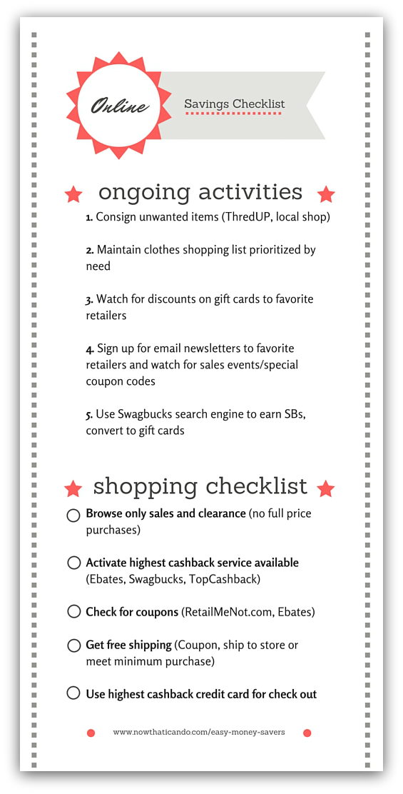 Checklist for styling on a budget! How to save money on clothes online. This blogger gives tips and tricks for how to save money on clothes shopping online. Learn how using the steps all together can save you the most! Use the checklist for a while until they become second nature. Online may become your new favorite way to shop! // Mom tips and tricks // Mama fashion // Style // Online Stores // Deals // Budget // Strategies // Discounts // Free PDF Printable Checklist