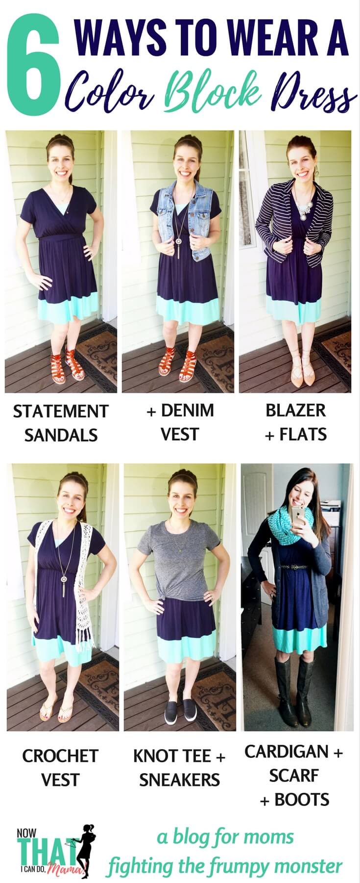 Colorblock trend is beautiful! Easy mom outfits made from one color block (navy/mint) dress from Pink Blush.