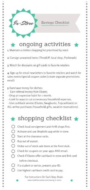 Free printable checklist on all the ways you can stack discount savings when you shop for clothes in stores.