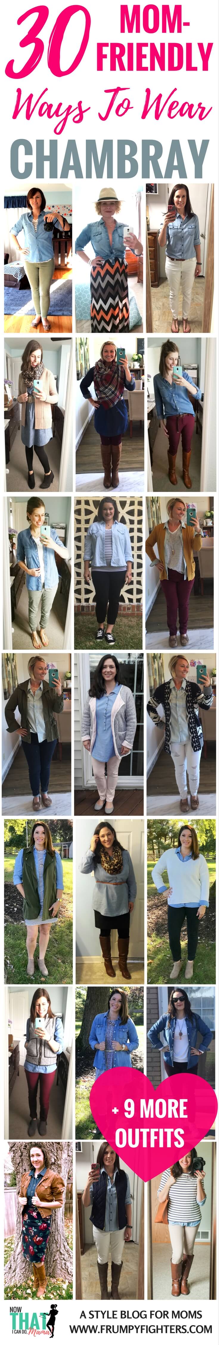 Tons of outfit ideas and ways to wear my chambray button-down shirt or denim dress... on lots of different mom models! Love these cute and chic ideas that are #modest and totally wearable. Whether cozy at home with the kids or running errands, these outfits are so easy to copy. Going to pin to reference in the morning! #momlife #fashion #style #clothes #fall #winter #spring #summer #outfits #chambray
