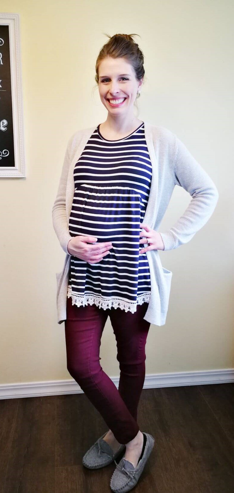 A navy blue and white striped shirt is so versatile! Here are 4 casual but chic ways to wear a striped #maternity tank top any time of the year... shows what to wear at home and how to change it to go on errands for total of 8 maternity outfits. So cute with the crochet trim! This blog has so many easy outfit ideas for busy moms. #mom #fashion #outfits #tips #ideas #easy #clothes #style #fall #winter #spring #summer #momlife #pregnancy #clothes #style