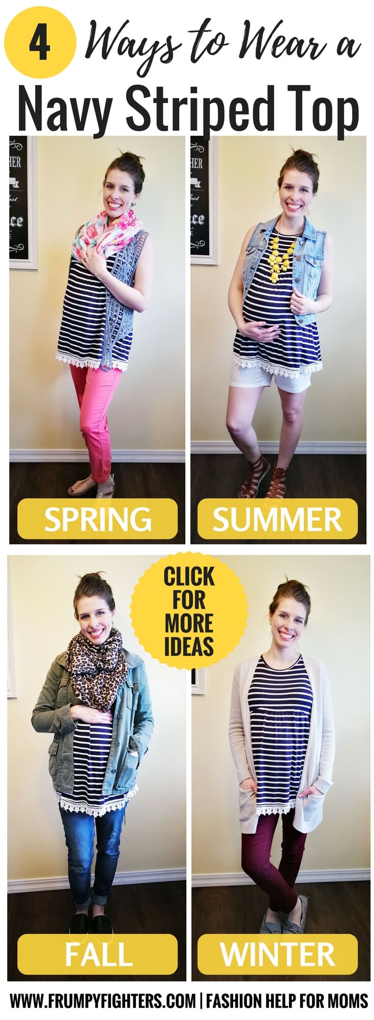 A navy blue and white striped shirt is so versatile! Here are 4 casual but chic ways to wear a striped #maternity tank top any time of the year... shows what to wear at home and how to change it to go on errands for total of 8 maternity outfits. So cute with the crochet trim! This blog has so many easy outfit ideas for busy moms. #mom #fashion #outfits #tips #ideas #easy #clothes #style #fall #winter #spring #summer #momlife #pregnancy #clothes #style