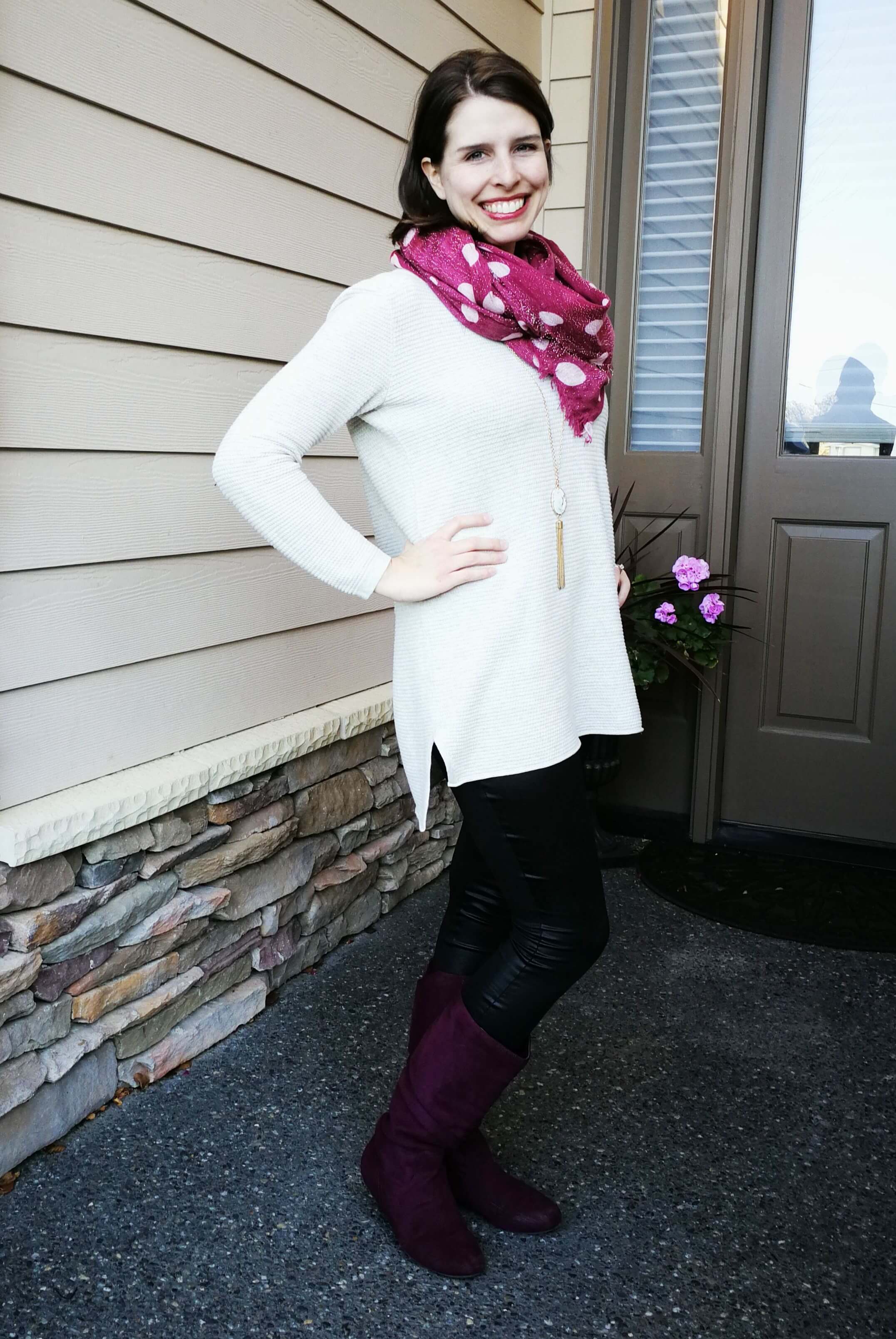 tunic sweater outfits with faux leather leggings and boots