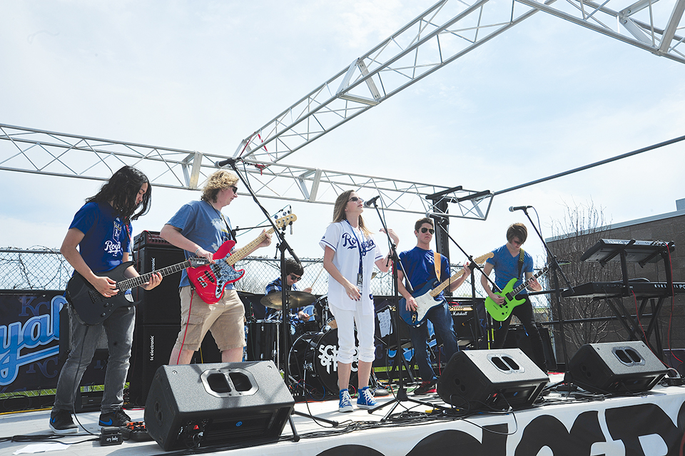 The Parkville School of Rock’s House Band are rocking out on Sunday Family Fun Days at Kauffman Stadium this summer. Pictured are, from left, band members Christian Basa, Nick Riffle, Delaney Hirst, Aidan Adler and Bryce Loewenstein, who performed on Easter during the Royals game against the Minnesota Twins. 