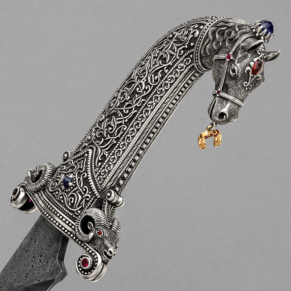 Custom Damascus Steel Gold Sterling Silver Gemstones Knife by AVprophoto
