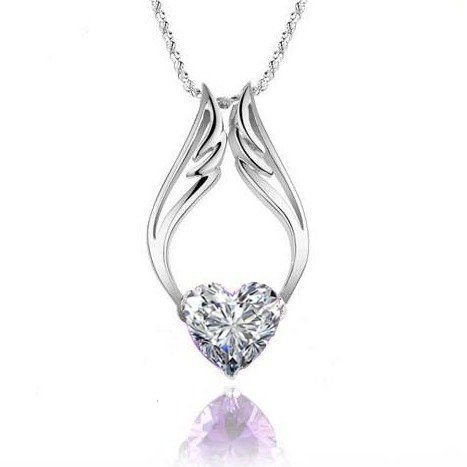 Fashion White Gold Plated Heart White Diamond Angel Wings Pendant With 18" Necklace Chain