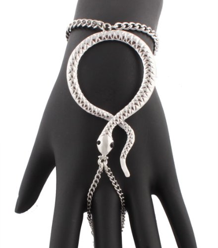 2 Pieces of Silver Snake Adjustable Finger Ring and Slave Hand Chain Bracelet - One Size Fits All