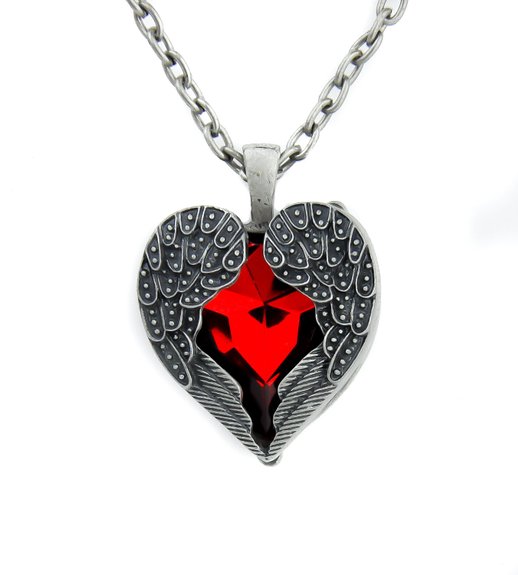 Fallen Dark Angel Wings & Heart Necklace Gothic Red Stone