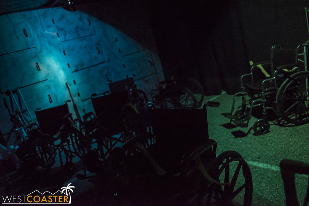  After crawling through a tunnel, we came into a morgue littered with wheelchairs. 
