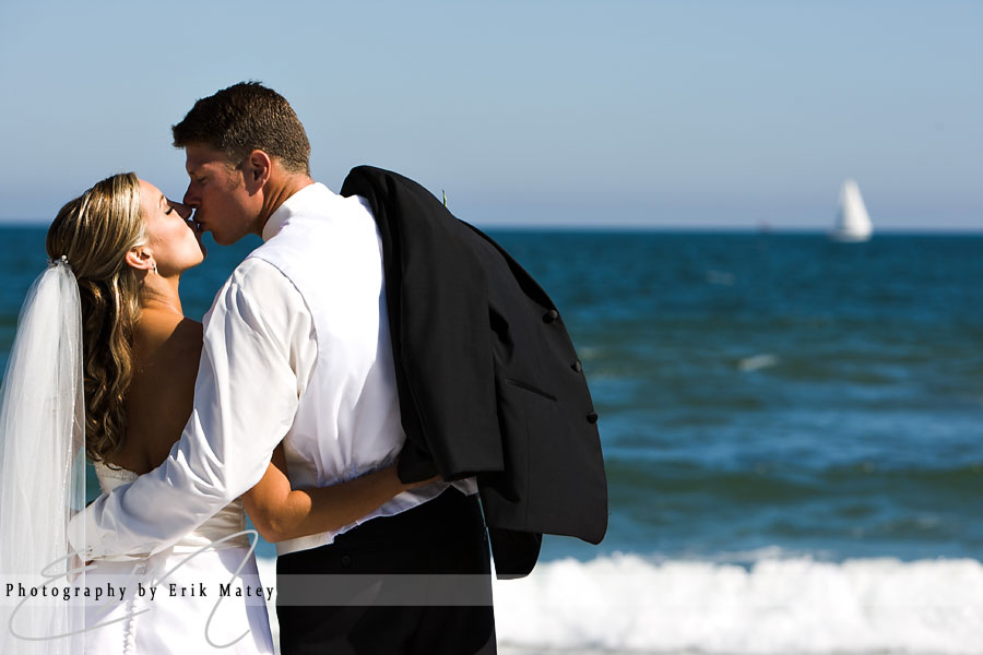 bride and groom on beach