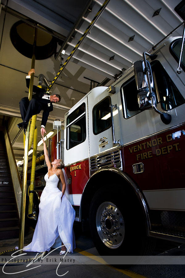 bride and groom in firehouse