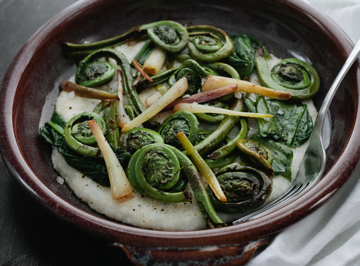 Cheese Grits with Fiddleheads and Ramps