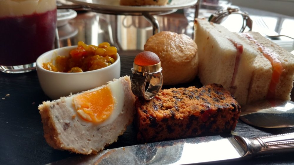  Gentleman's tea at Wynyard Hall, with scotch egg, piccalilli, sandwiches, scones, and more-a great setting for a sea glass ring. Not pictured: the glass of whiskey that was included with meal. 