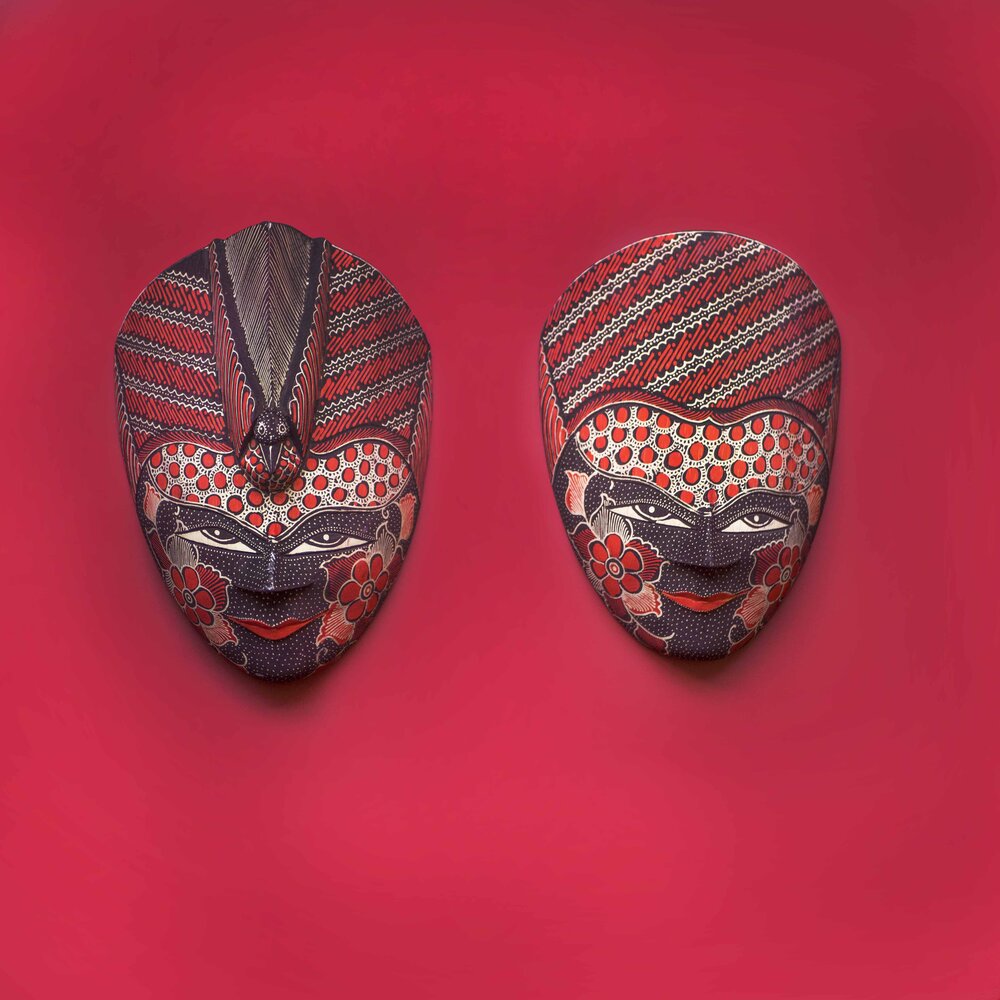 Maske Holz Orientalisch/Asiatisch Wayang Topeng Blau Batik Java Indonesien 