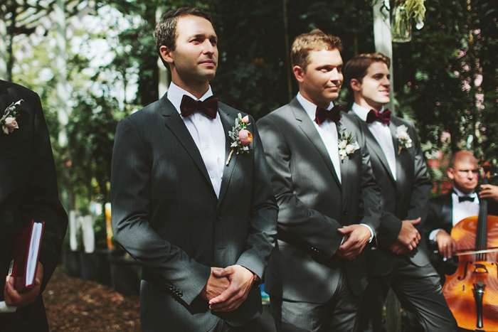 groom seeing bride, bow tie, hugo boss suit, rustic wedding ceremony, david guenther
