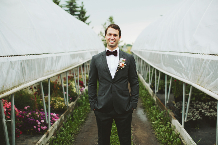 groom with bow tie, dark grey suit, hugo boss, saskatoon farm wedding, calgary wedding, david guenther
