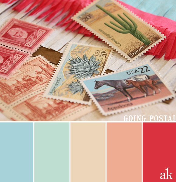 a vintage-stamp-inspired color palette // baby blue, aqua, sand, peach, pink