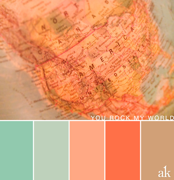 a globe-inspired color palette // light teal, blue, peach, tan