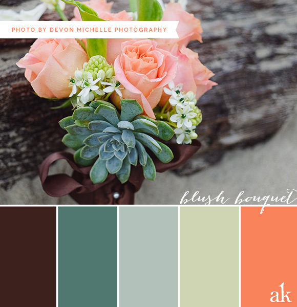 a wedding-bouquet-inspired color palette // deep brown, blue, mint, peach