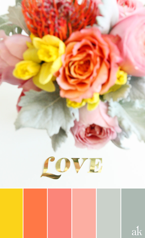 a Valentine-inspired color palette // yellow, orange, pink, dusty miller