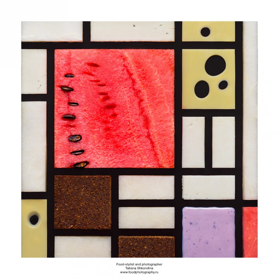 Piet Mondrian. Watermelon, cheese, yoghurt, chocolate
