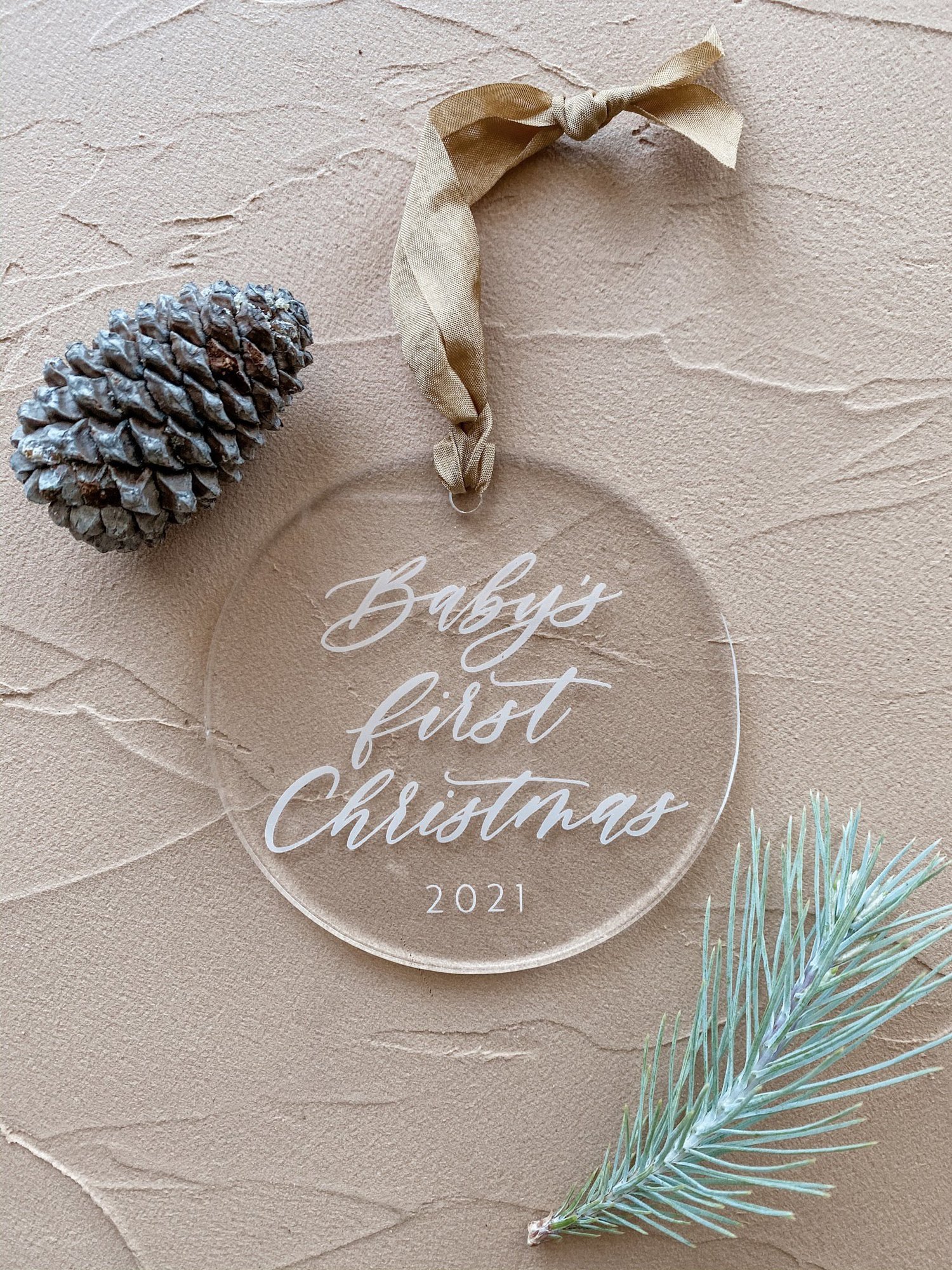 2021 Acrylic Calligraphy 'Baby's First Christmas' Ornament — Fawn Lettering