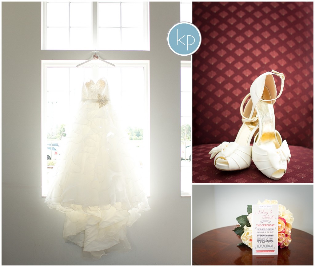 wedding dress in window, wedding shoes, wedding program, bouquet, wedding details